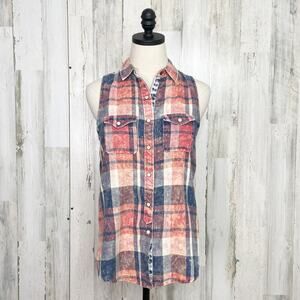 Nollie Bleached Plaid Button Up Top Coral Blue Pearl Snap Western Boho Size S